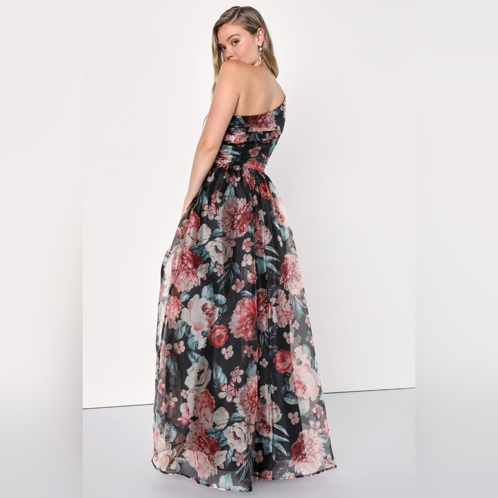 Lulus | Bringing the Charm Black Floral Organza Gown | Size XL - Picture 4 of 6